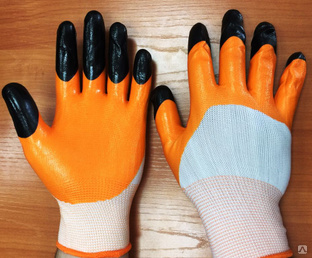 Перчатки нейлоновые с 2-м латексным покрытием, оранжевый с черными пальцами 