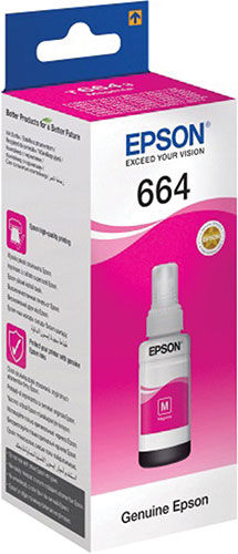 Чернила Epson 664, T6643 для СНПЧ Epson L100/L110/L200/L210/L300/L456/L550, пурпурные, оригинальные (C13T66434A/39) 664