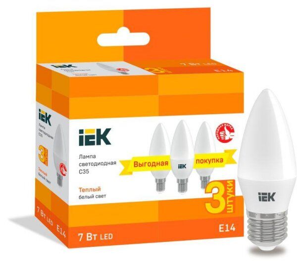 Лампа светодиодная IEK C35, свеча, 7 Вт, 230 В, 3000К, E14 (уп.3шт) C35 свеча 7 Вт 230 В 3000К E14 (уп.3шт)