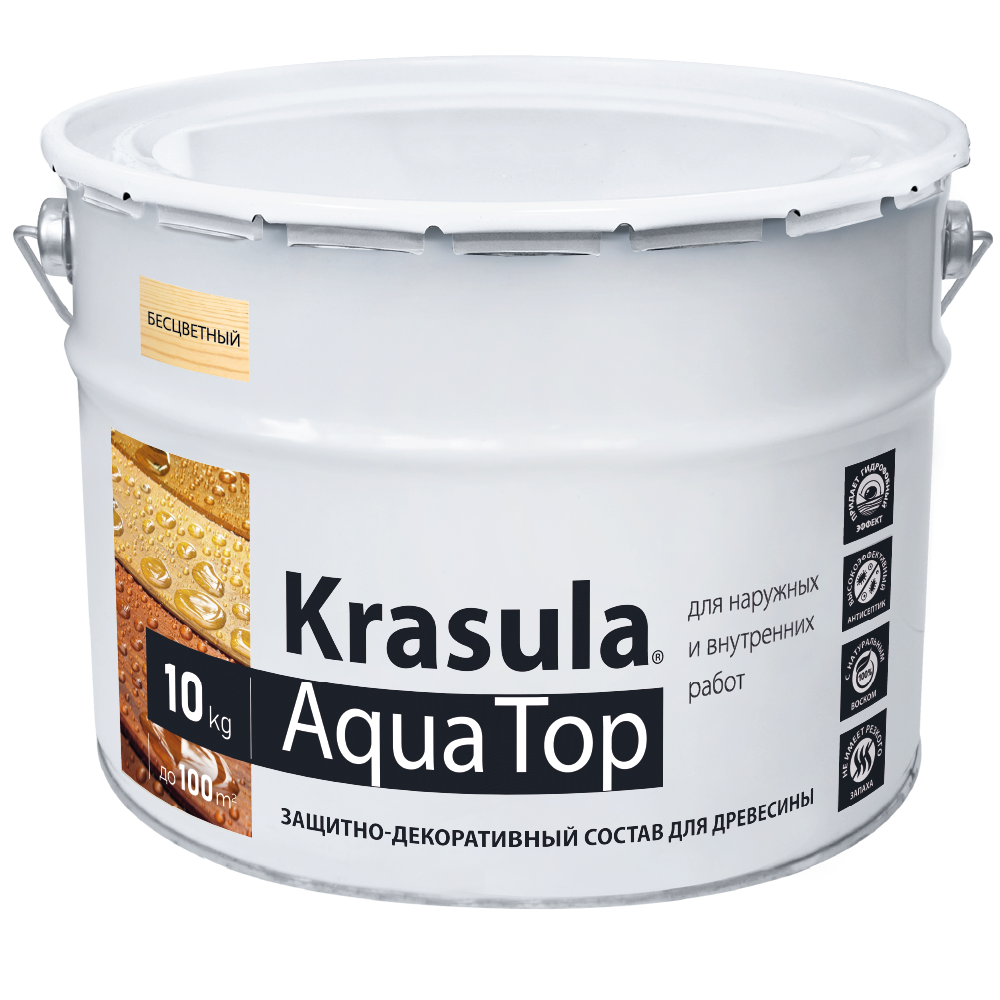 Пропитка (защитно-декоративный состав) Krasula Aqua Top (Красула Аква Топ). 10 л. Состав бесцветный. Возможна колеровка.