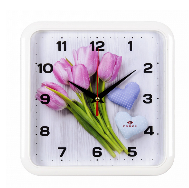 Часы настенные квадрат 22х22см, корпус белый "Тюльпаны и сердца" "Рубин"