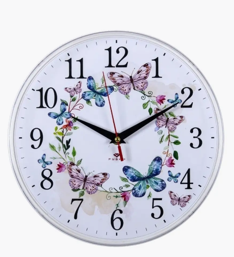 Часы настенные круг d=25см, основание белое "Венок из бабочек" "Рубин"