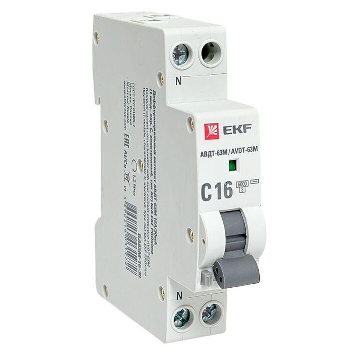Выключатель автоматический диф.тока 1мод. C 16 А 30мА тип AC 6кА АВДТ-63М электрон. PROxima EKF
