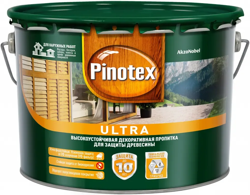 Высокоустойчивая декоративная пропитка для защиты древесины Пинотекс Ultra 9 л белая
