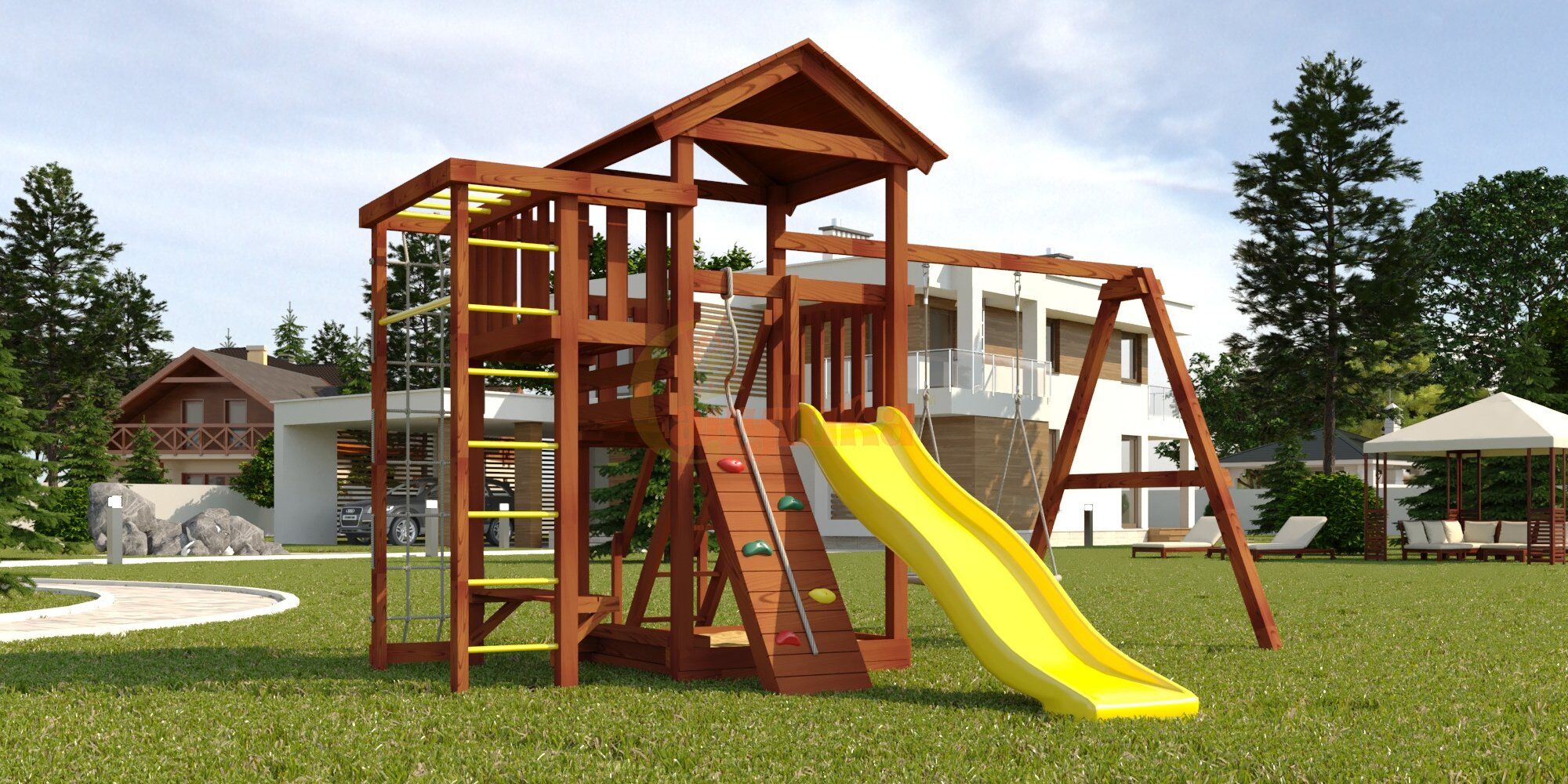 Детская площадка Савушка Мастер - 3 с качелями "Гнездо" 1 метр (Махагон)