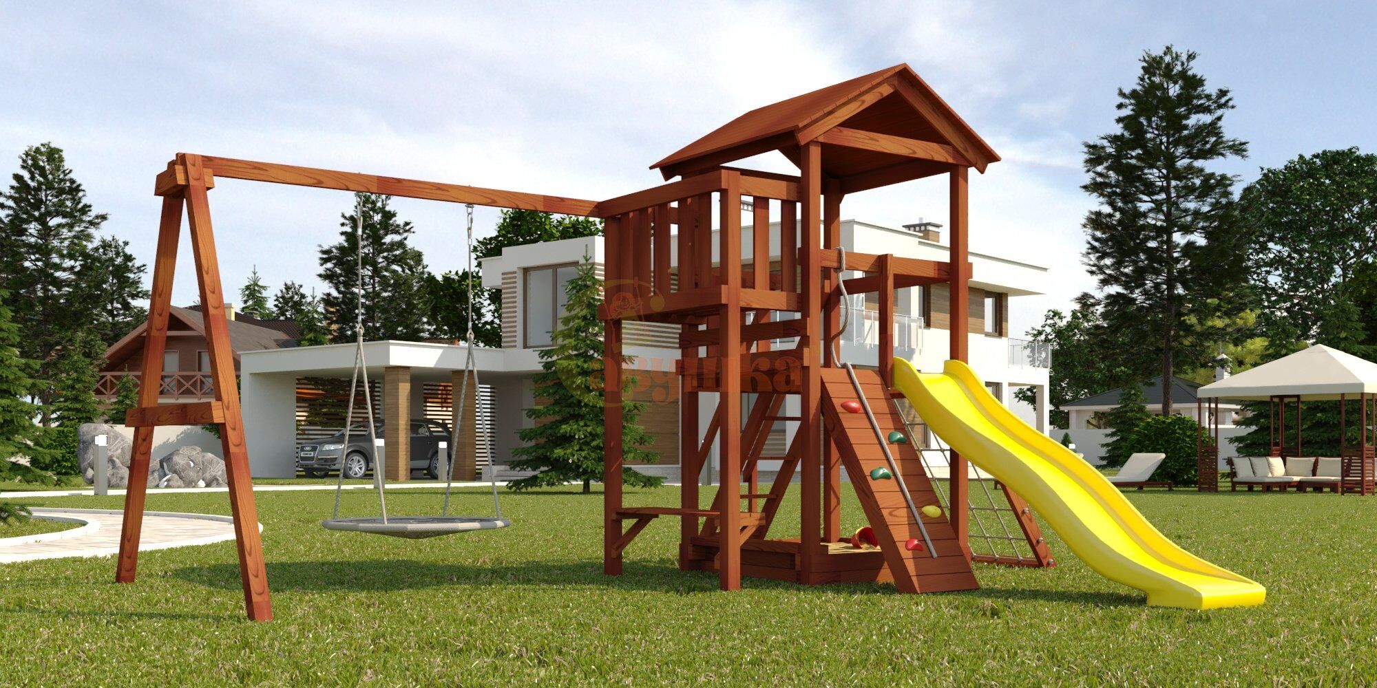 Детская площадка Савушка Мастер - 2 с качелями "Гнездо" 1 метр (Махагон)