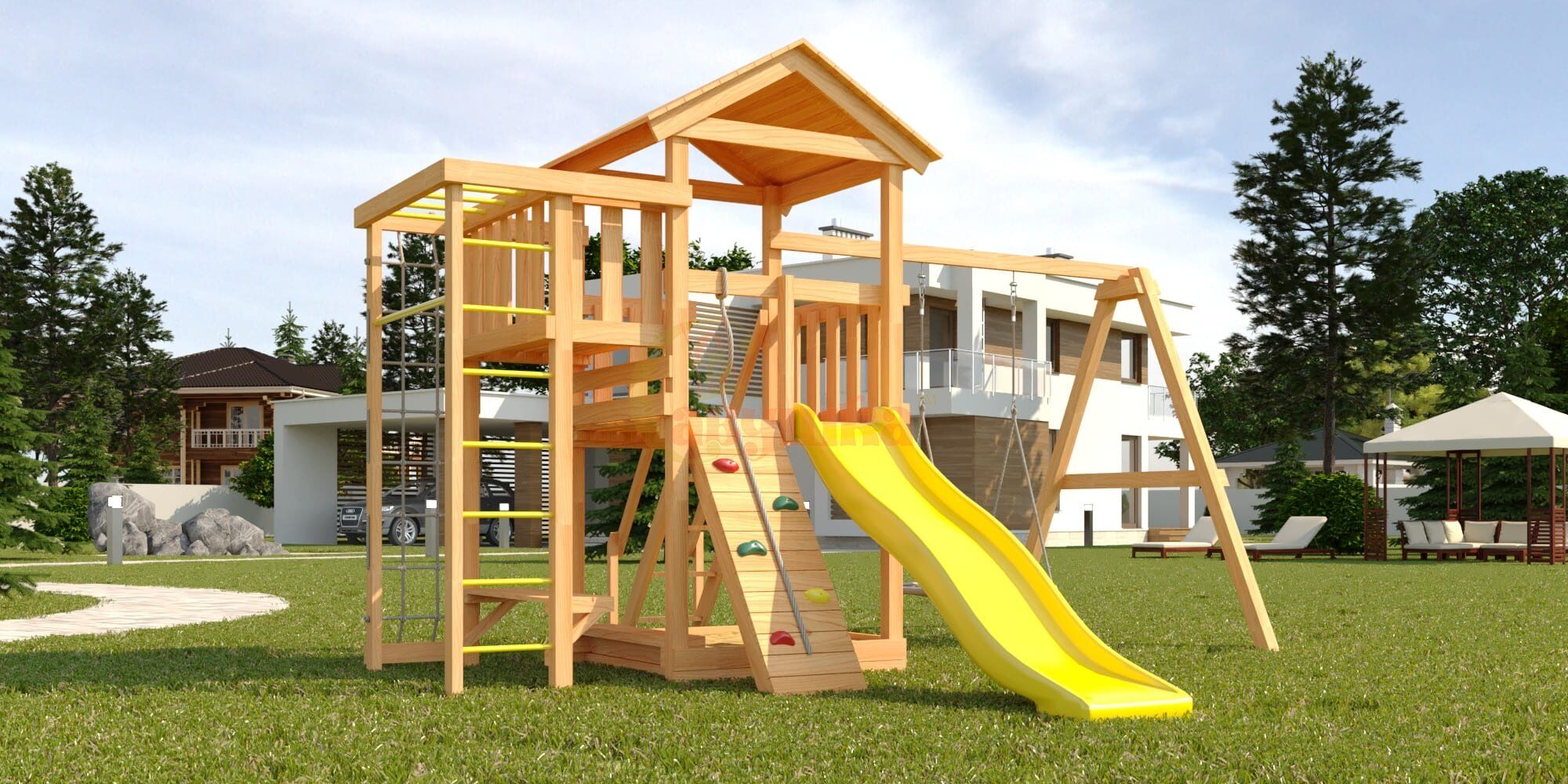 Детская площадка Савушка Мастер - 3 с качелями "Гнездо" 1 метр