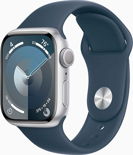 Смарт-часы Apple Watch Series 9, A2978, 41 мм, OLED, корпус серебристый, Sport Band, ремешок синий, 150-200 мм (MR913ZP/