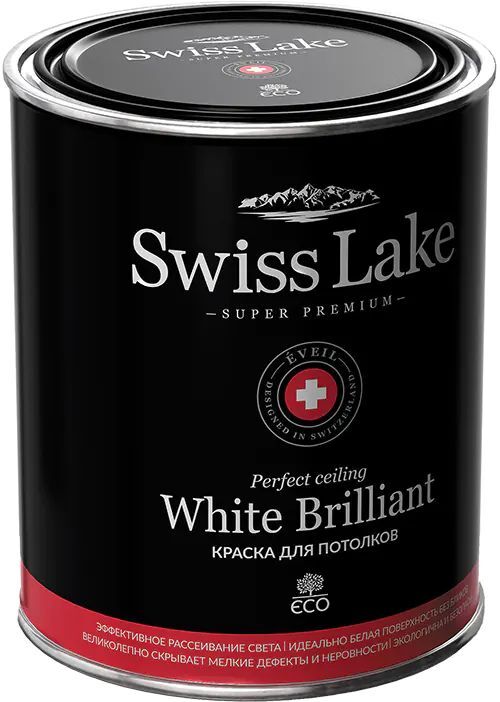 Краска для потолка акриловая белая матовая Swiss Lake White Brilliant 9 л (на 90-108 кв.м в 1 слой, водоэмульсионная, ак