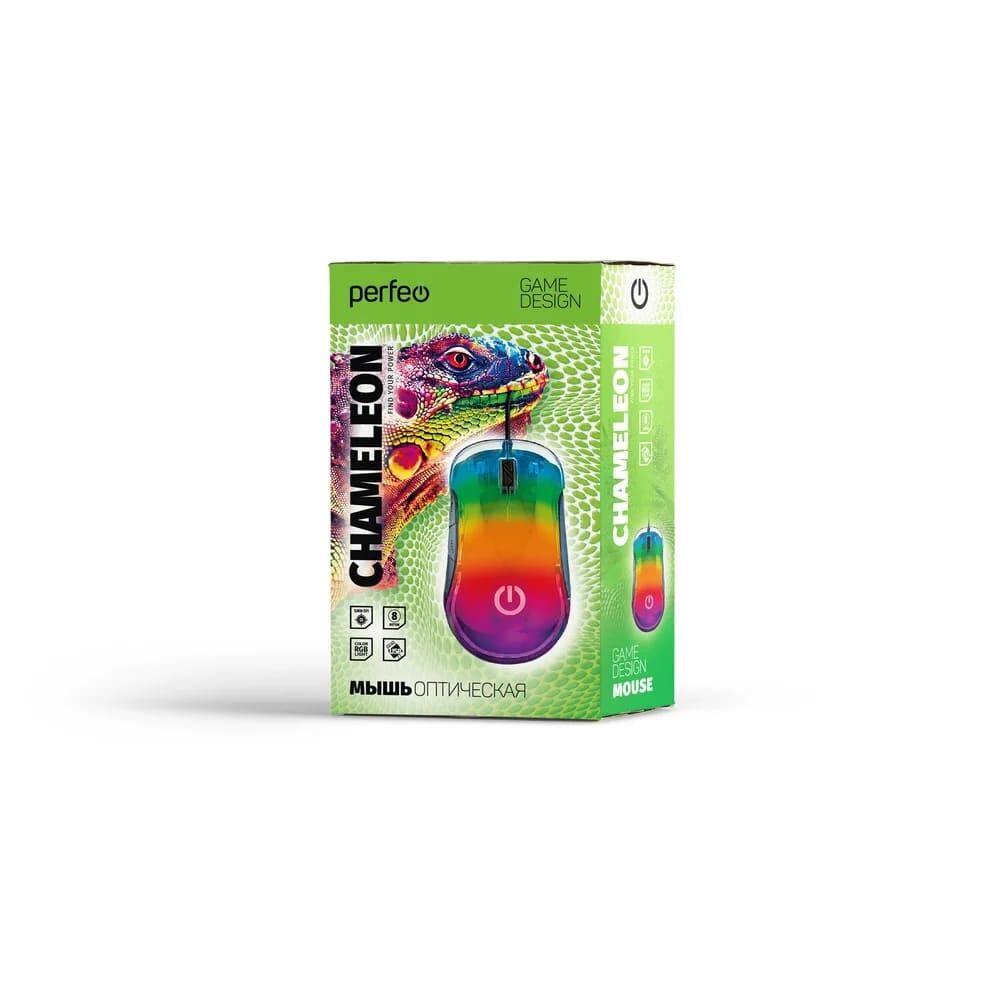 Мышь Perfeo оптич. "CHAMELEON", 8 кн, USB, GAME DESIGN, 6 цв. RGB подсветка, 1000-12800 DP