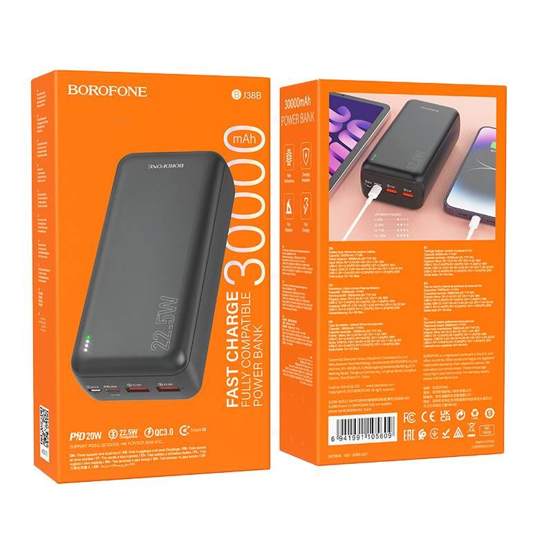 Портативный аккумулятор 30000mAh 2гн.QC3.0 + 1гн. PD20W BJ38B BoroFone, черный 4