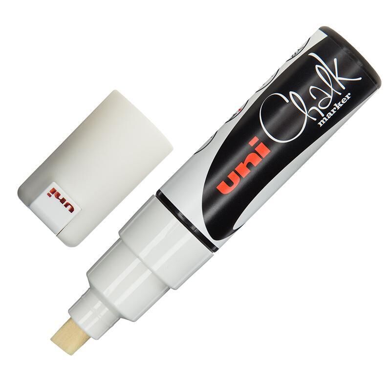 Маркер меловой Uni Chalk PWE-8K белый скошенный наконечник (толщина линии 4-8 мм)