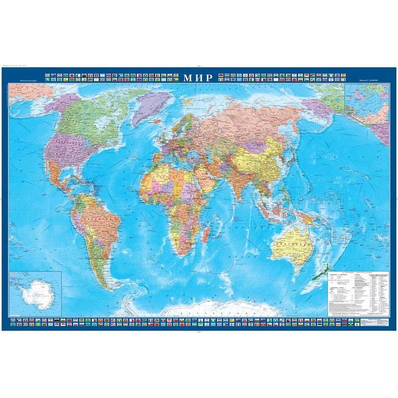 Настенная карта Мира политическая 1:34 000 000 с флагами Атлас Принт