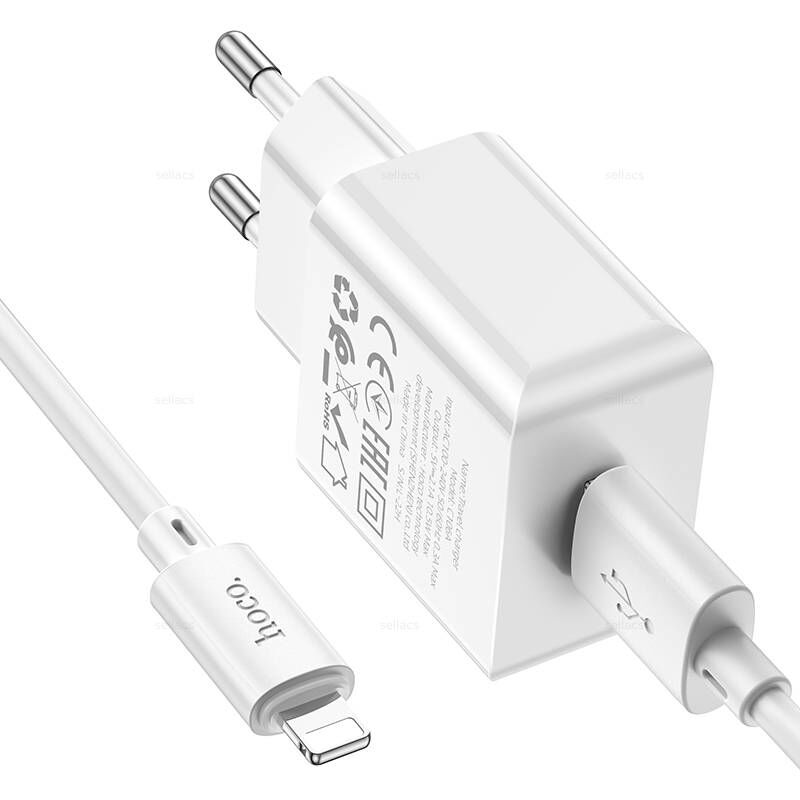 Адаптер постоянного тока Hoco C106A, 1гн.USB 5В,2,1А + кабель Lightning, белый 1