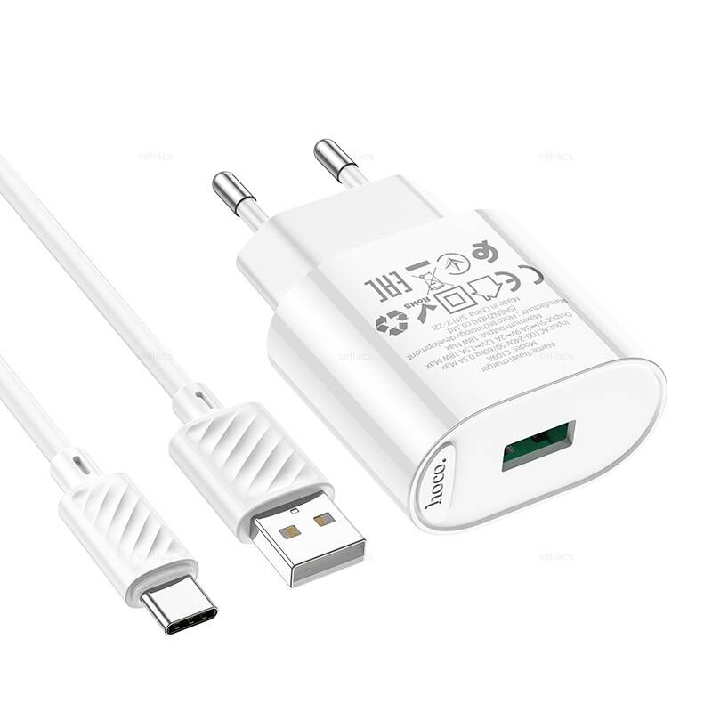 Адаптер постоянного тока Hoco C109A, 1гн.USB 5В QC 3,0А + кабель Type-C, белый 1