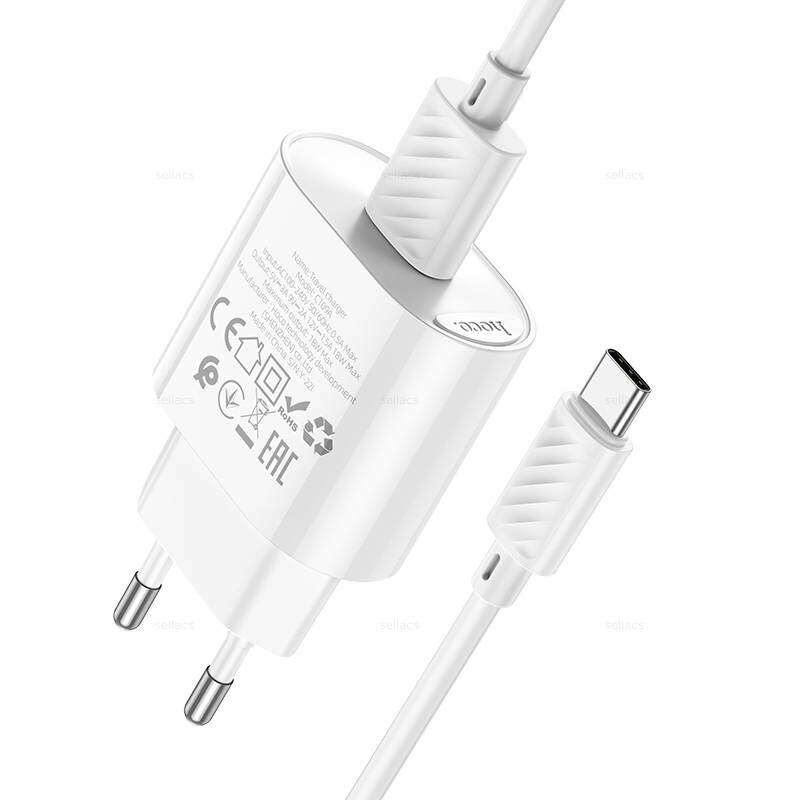 Адаптер постоянного тока Hoco C109A, 1гн.USB 5В QC 3,0А + кабель Type-C, белый 3