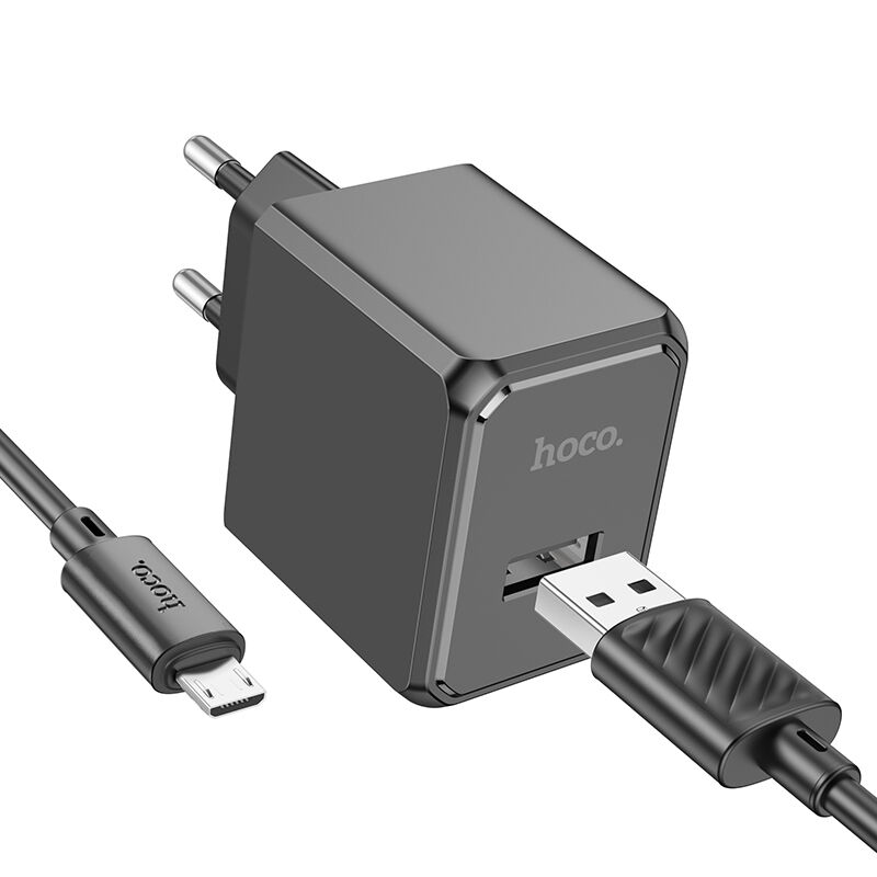 Адаптер постоянного тока Hoco CS11A, 1гн.USB 5В,2,1А + кабель micro USB, чёрный 1