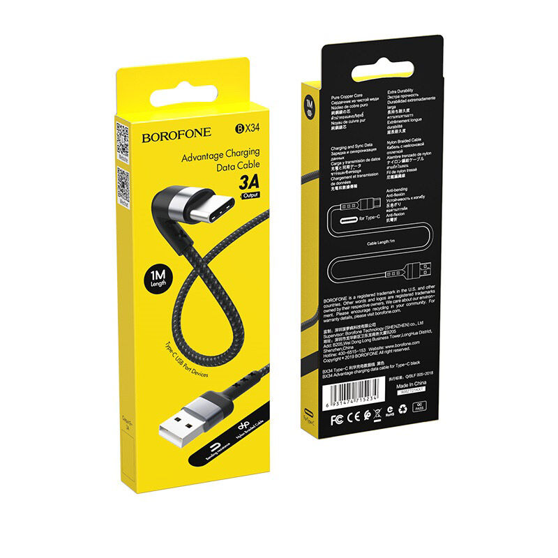 USB кабель шт.USB (A) - шт.Type-C "Borofone" BX34 3A, 1м, нейлон, черный 4