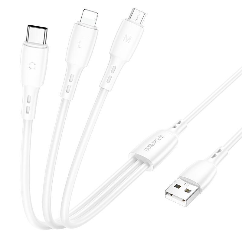 USB кабель 3в1 (Lightning, microUSB, Type-C) 1,0м, белый BX71 "Borofone" 1