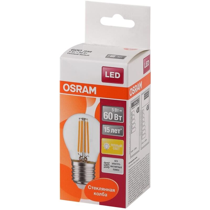 Лампа светодиодная Osram 5 Вт Е27 (Р, 2700 К, 600 Лм, 220 В, 4058075684669)