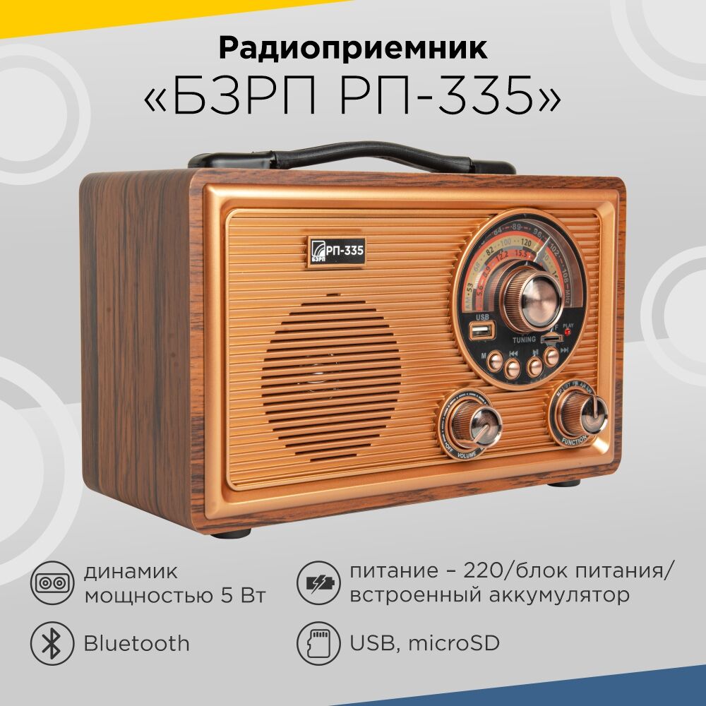 Радиоприёмник БЗРП РП-335 УКВ 64-108МГц,СВ,КВ, (бат.4*R20,220В,DC6В, акб1200mAh BT, USB,microSD) 2