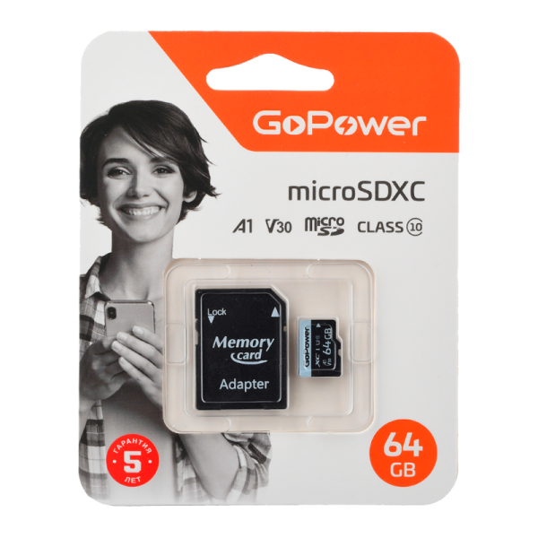Карта памяти MicroSDHC 64GB GoPower (class10, 70мб/сек V30) c адаптером SD