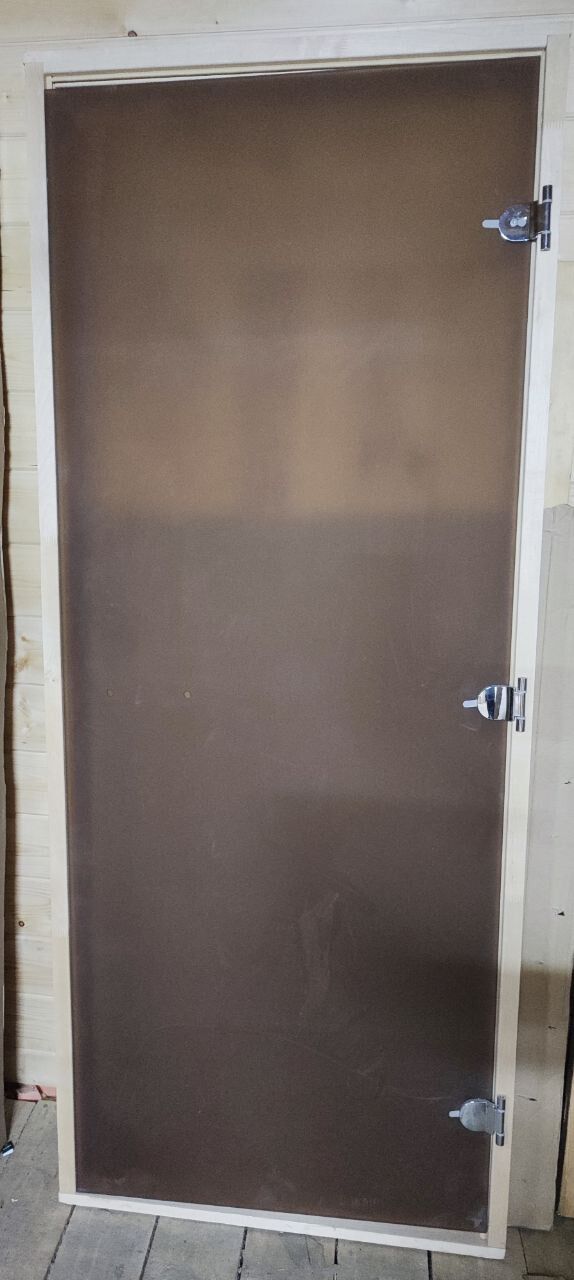 Дверь для Бани-Сауны стекло 8мм, цвет - бронза-матовая, размер 1,8м х 0,7м, коробка лиственная, 3 петли