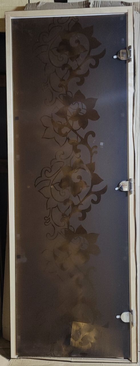 Дверь для Бани-Сауны стекло 8мм, цвет - бронза с рисунком, размер 1,9м х 0,7м, коробка лиственная, 3 петли